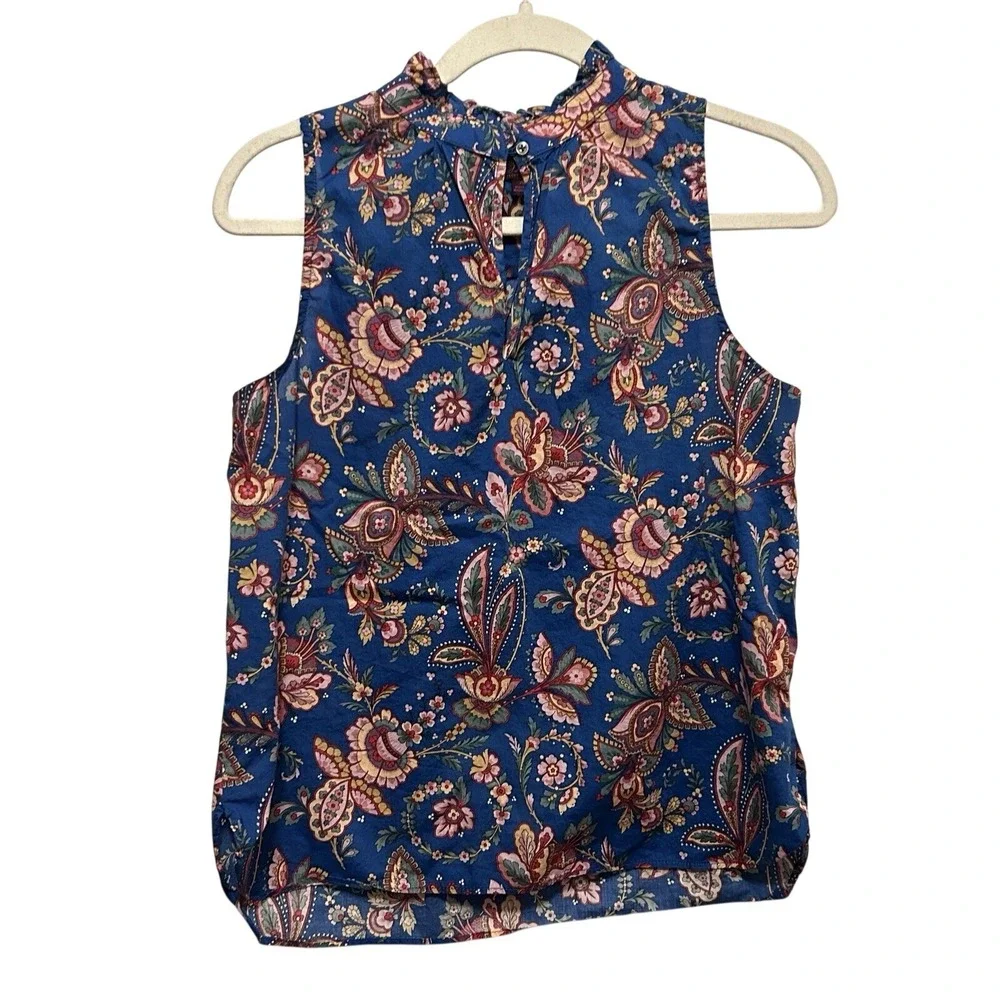 J. Crew Liberty Fabric Floral Ruffle Neck Top Womens Size‎ 4 Blue Sleeveless